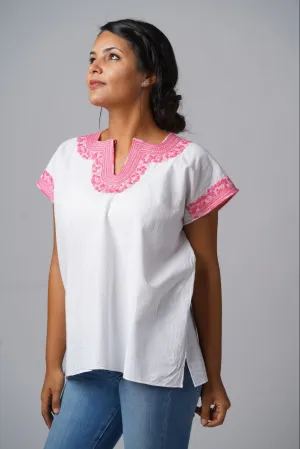 Kahlo Mexican Top  - Cotton - White, Pink