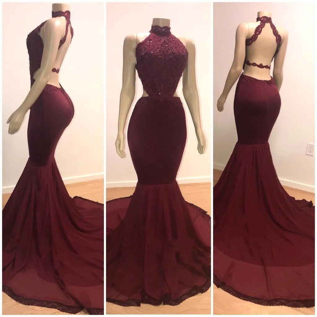 kamahe Sexy Backless Halter Mermaid Prom Dress Burgundy Long Chiffon Backless