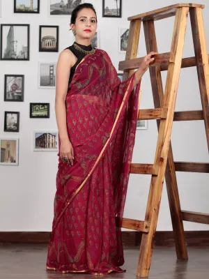 Maroon Green Yellow Hand Block Printed Chiffon Saree with Zari Border - S031702745