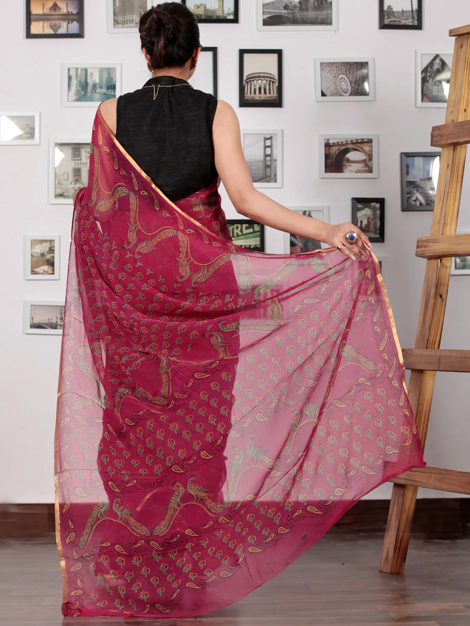 Maroon Green Yellow Hand Block Printed Chiffon Saree with Zari Border - S031702745