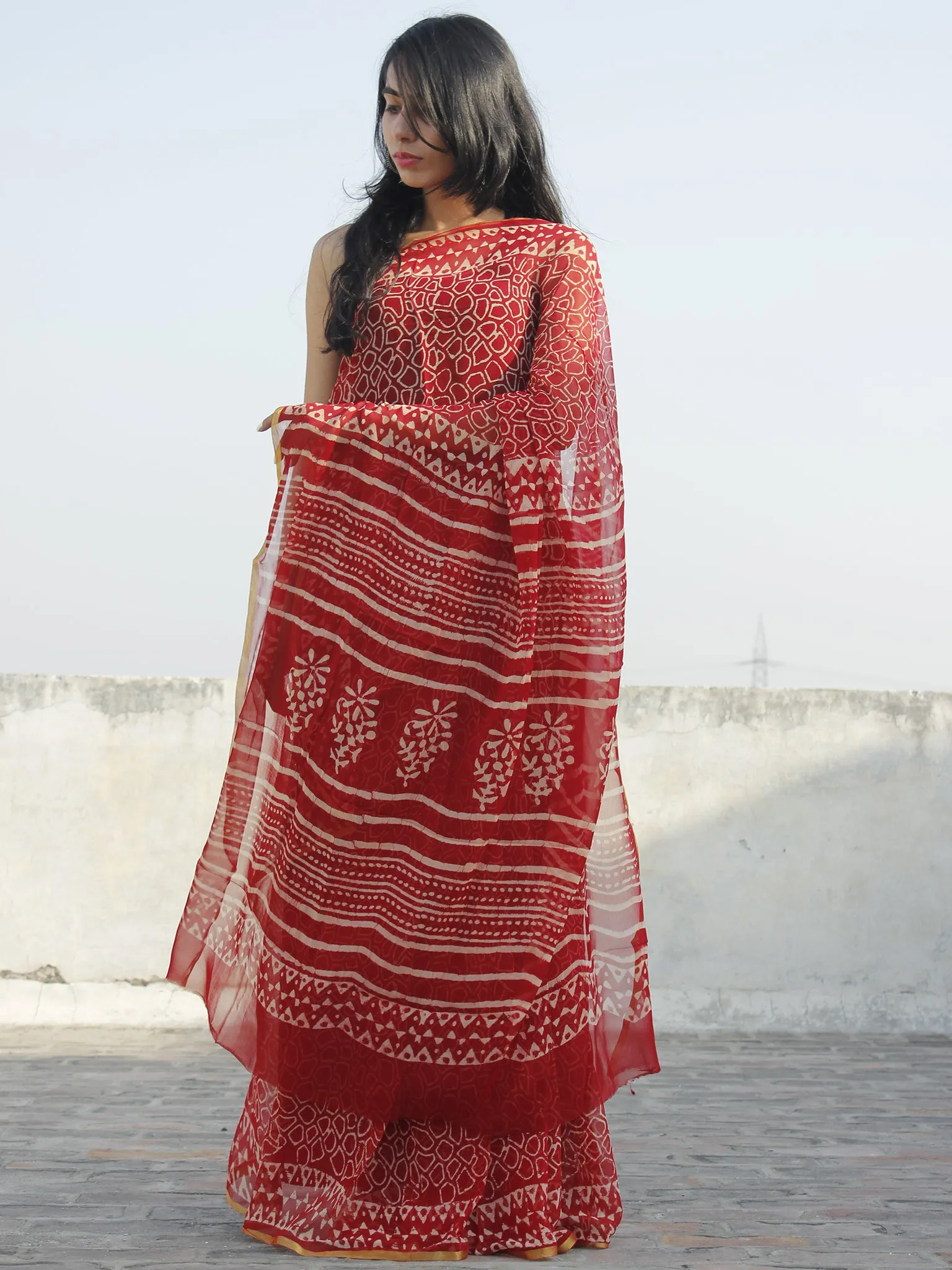 Maroon Ivory Hand Block Printed Chiffon Saree - S031702330