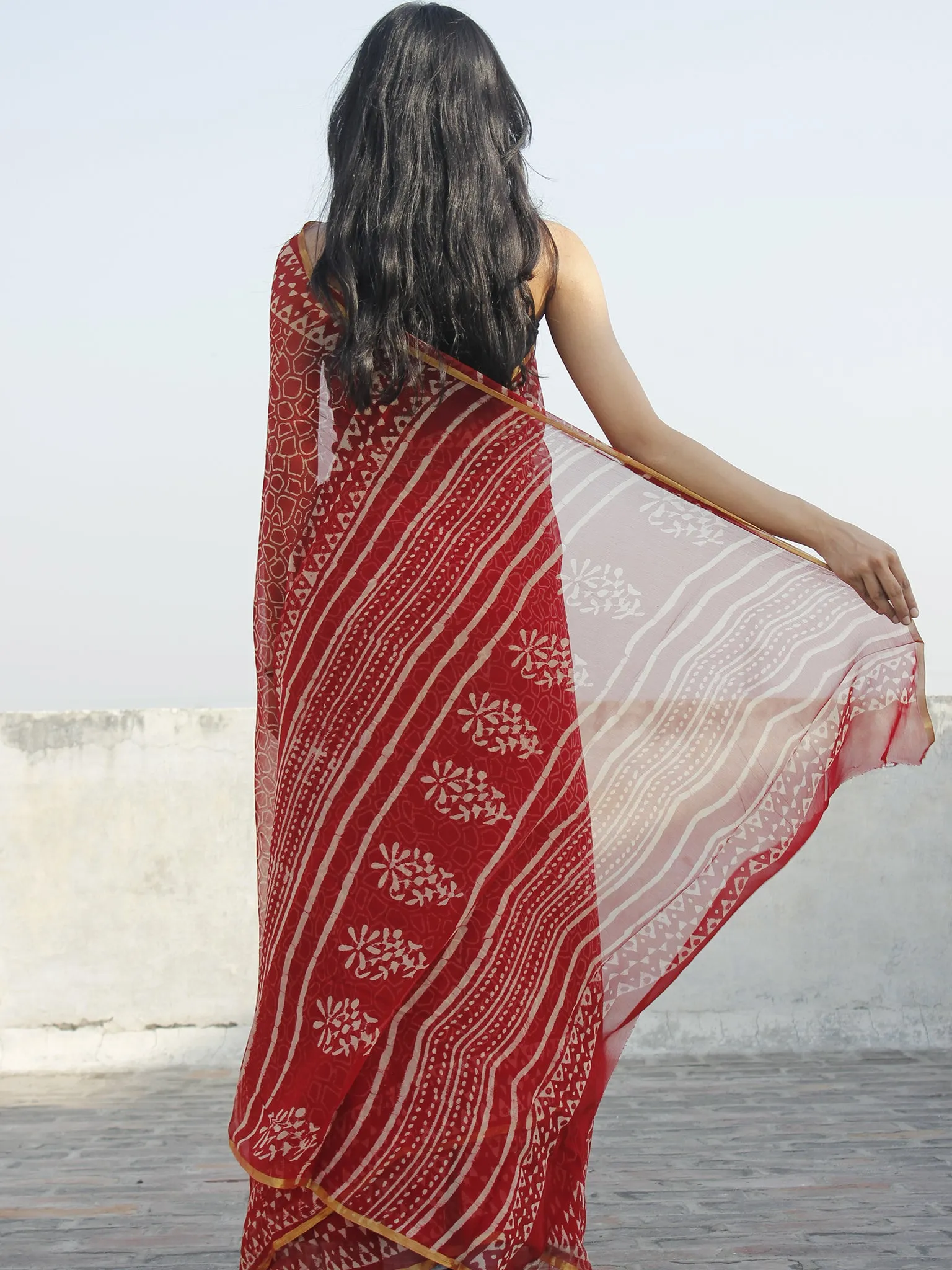 Maroon Ivory Hand Block Printed Chiffon Saree - S031702330