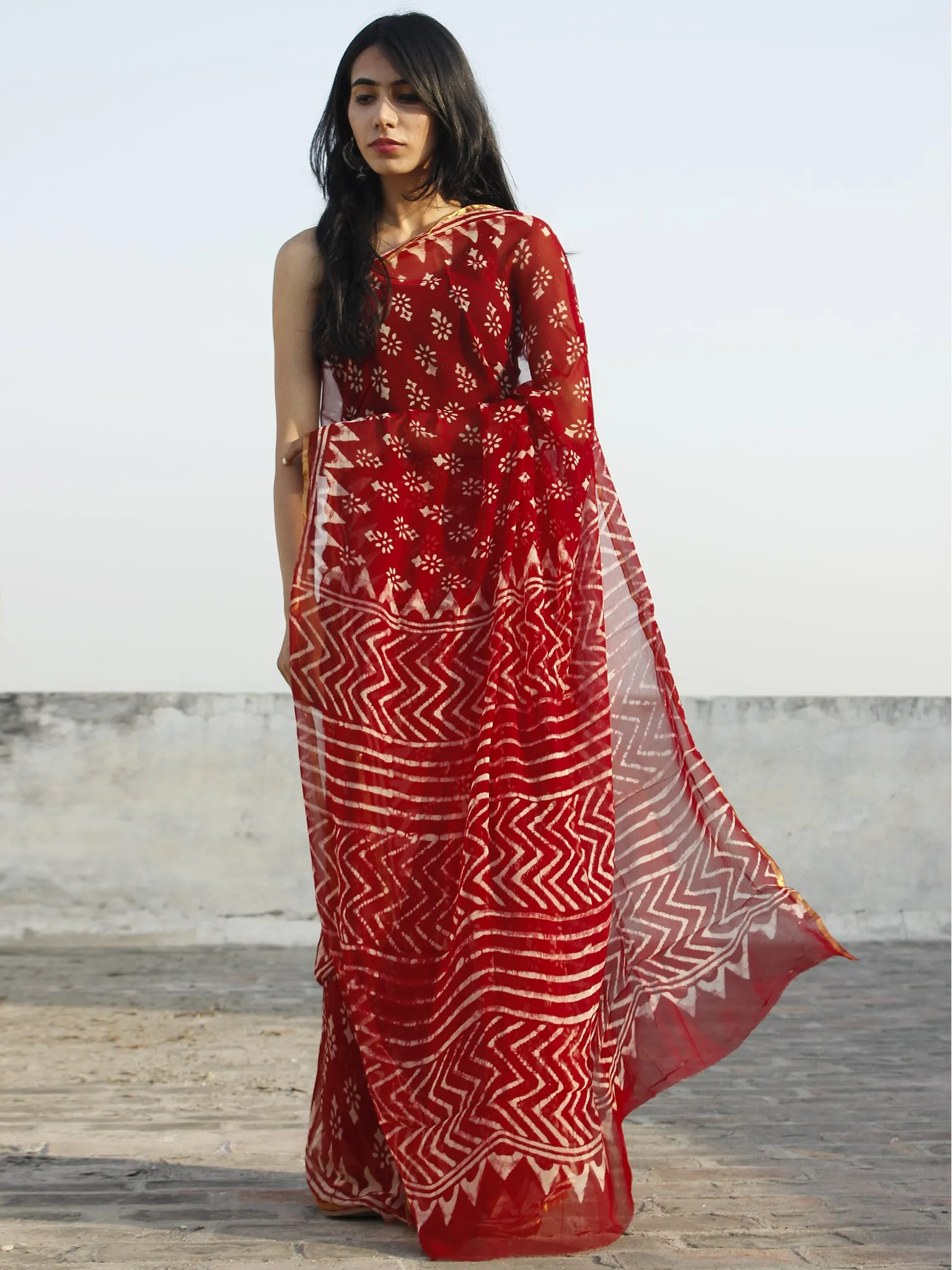 Maroon Ivory Hand Block Printed Chiffon Saree - S031702341