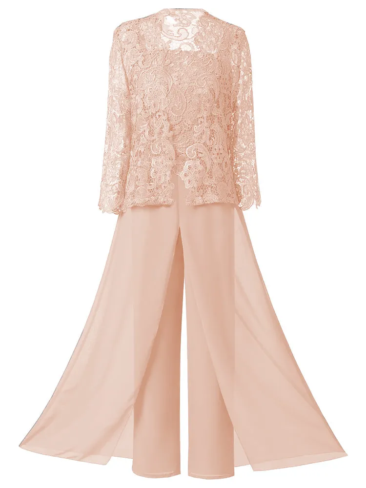 Mother of the Bride Dress, Lace Chiffon Three-Piece Plus Size Mother of the Bride Pant Suits