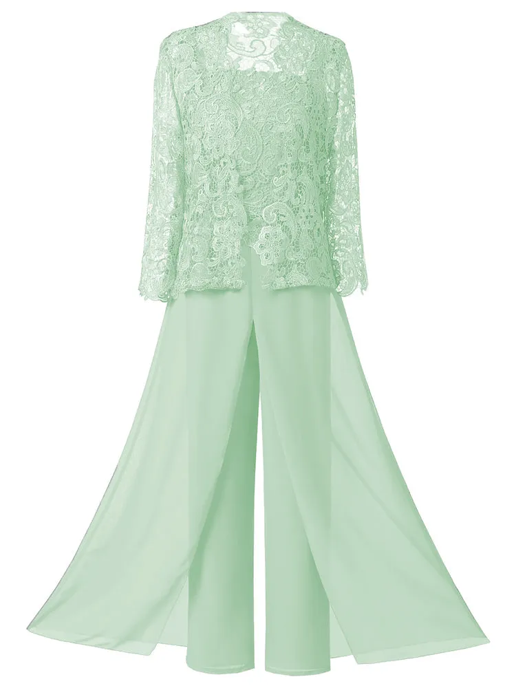 Mother of the Bride Dress, Lace Chiffon Three-Piece Plus Size Mother of the Bride Pant Suits