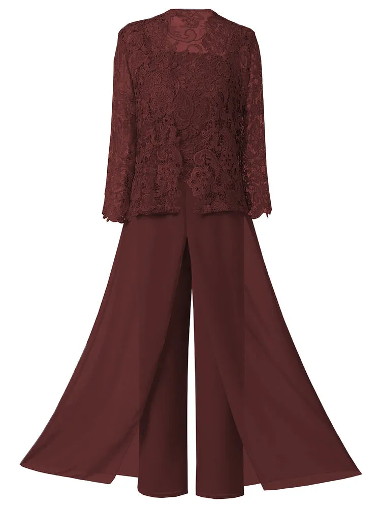 Mother of the Bride Dress, Lace Chiffon Three-Piece Plus Size Mother of the Bride Pant Suits