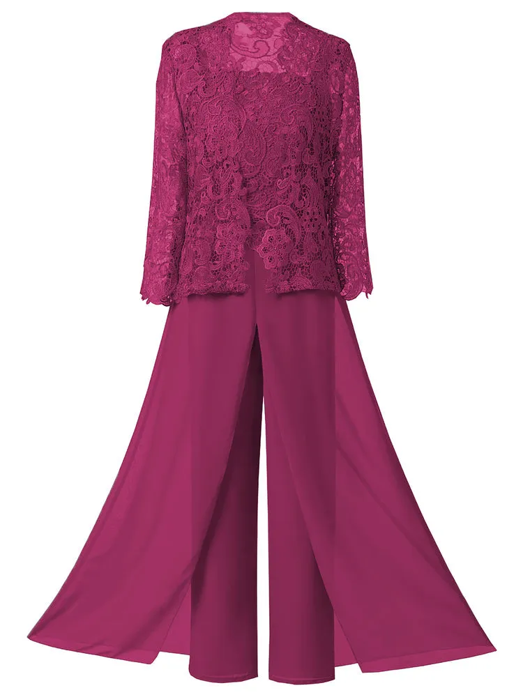 Mother of the Bride Dress, Lace Chiffon Three-Piece Plus Size Mother of the Bride Pant Suits