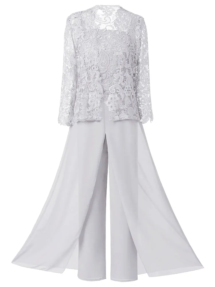 Mother of the Bride Dress, Lace Chiffon Three-Piece Plus Size Mother of the Bride Pant Suits