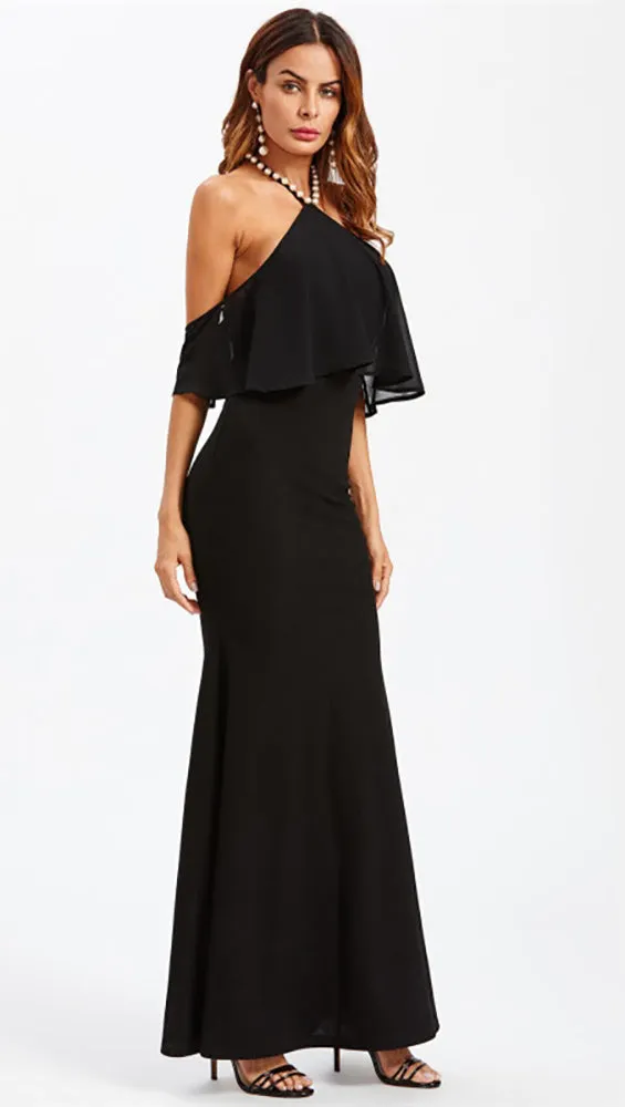 Natasha Pearl Halter Off Shoulder Gown Black