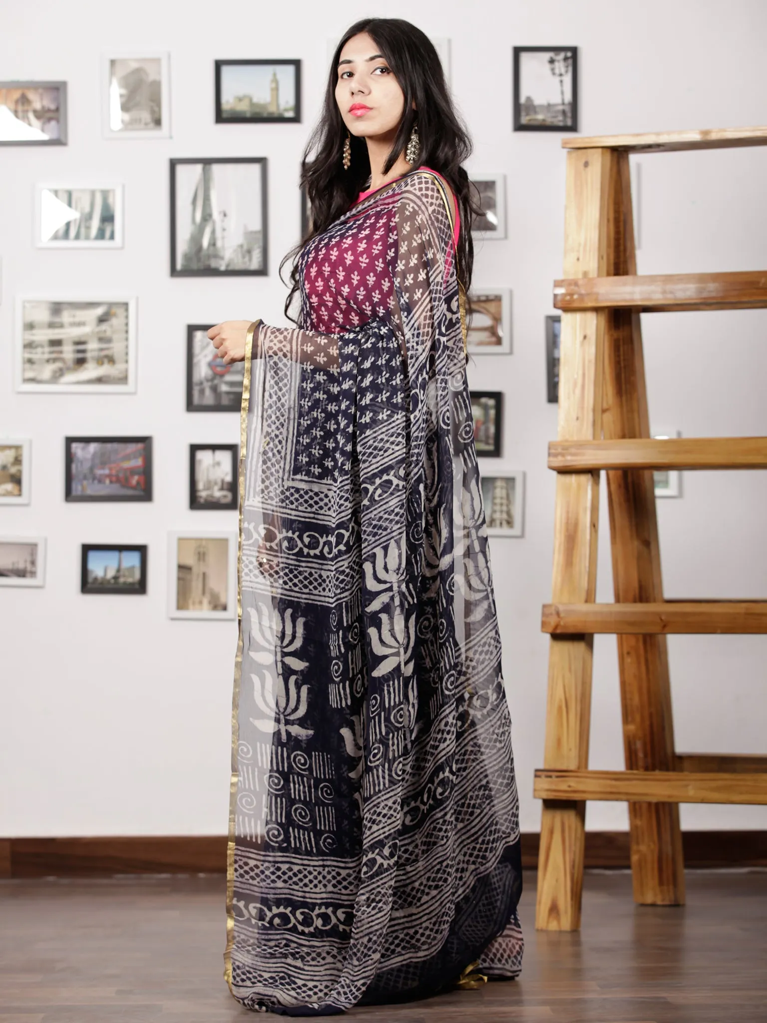 Navy Blue Ivory Hand Block Printed Chiffon Saree with Zari Border - S031702961