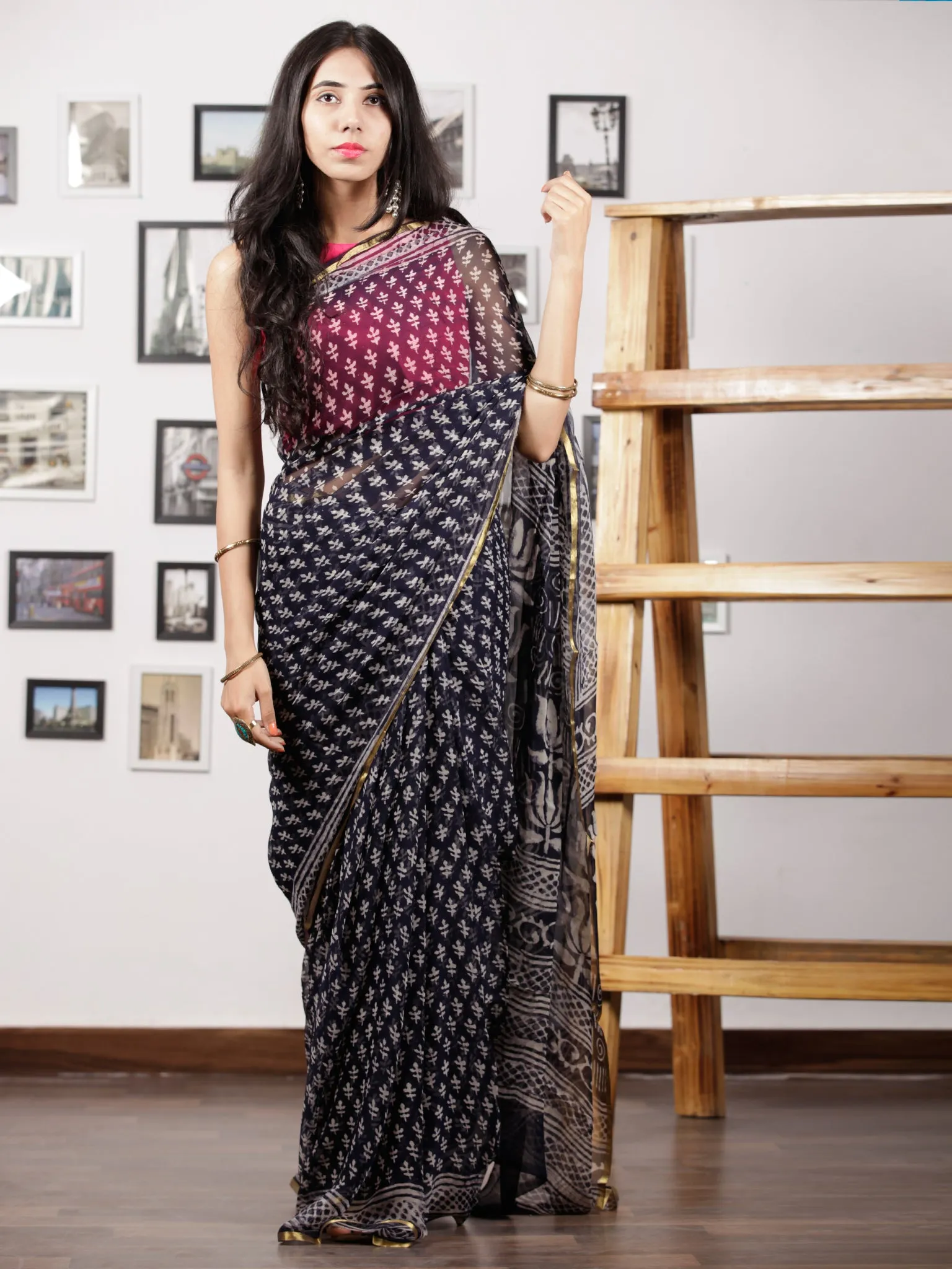 Navy Blue Ivory Hand Block Printed Chiffon Saree with Zari Border - S031702961