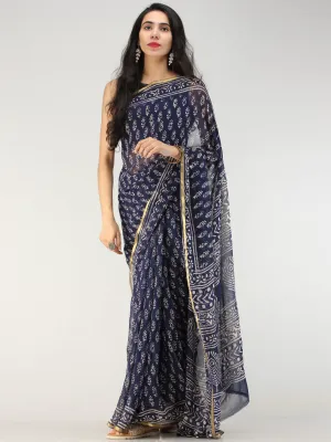 Navy OffWhite Hand Block Printed Chiffon Saree with Zari Border - S031704553