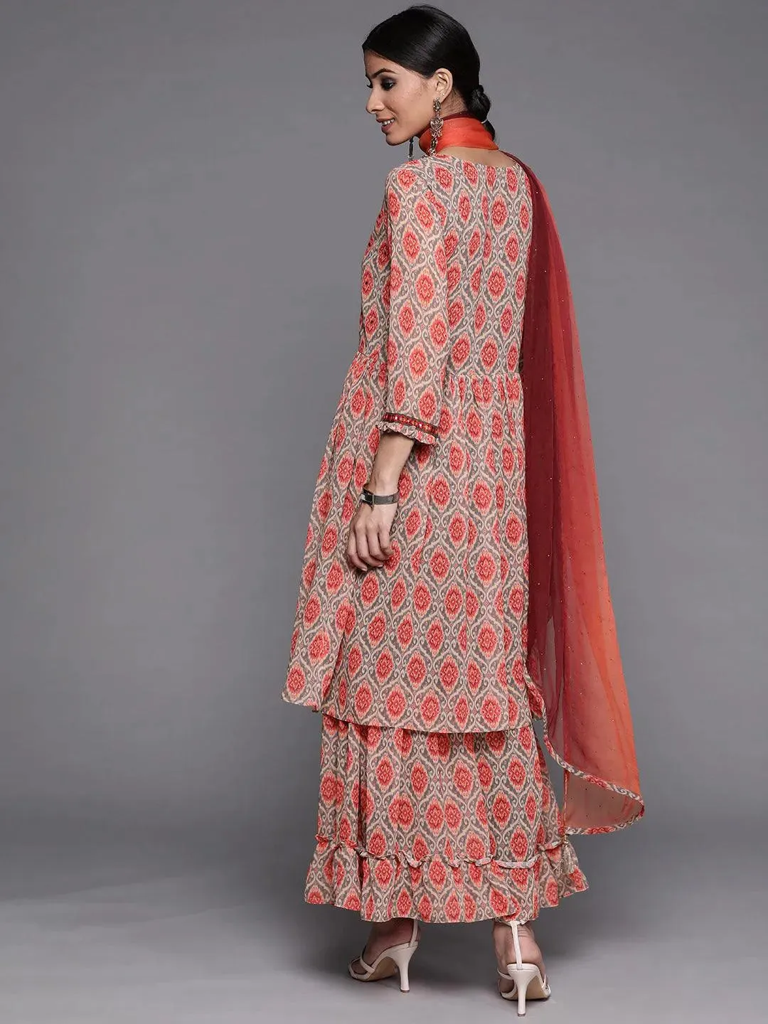 Orange Printed Georgette A-Line Kurta With Sharara & Dupatta