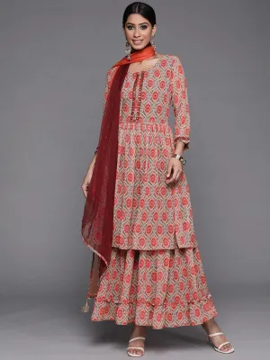 Orange Printed Georgette A-Line Kurta With Sharara & Dupatta