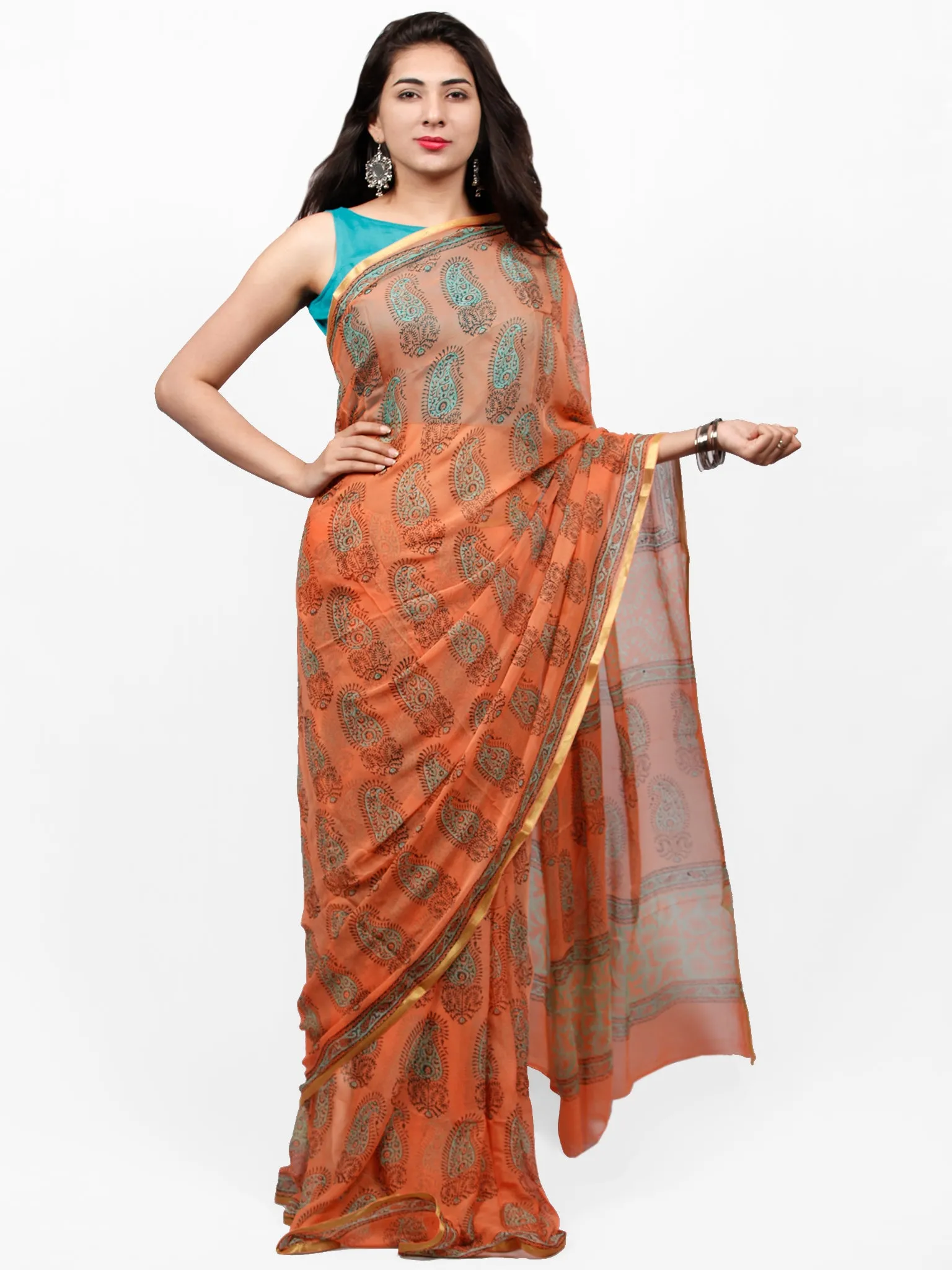 Peach Green Hand Block Printed Chiffon Saree with Zari Border - S031703283