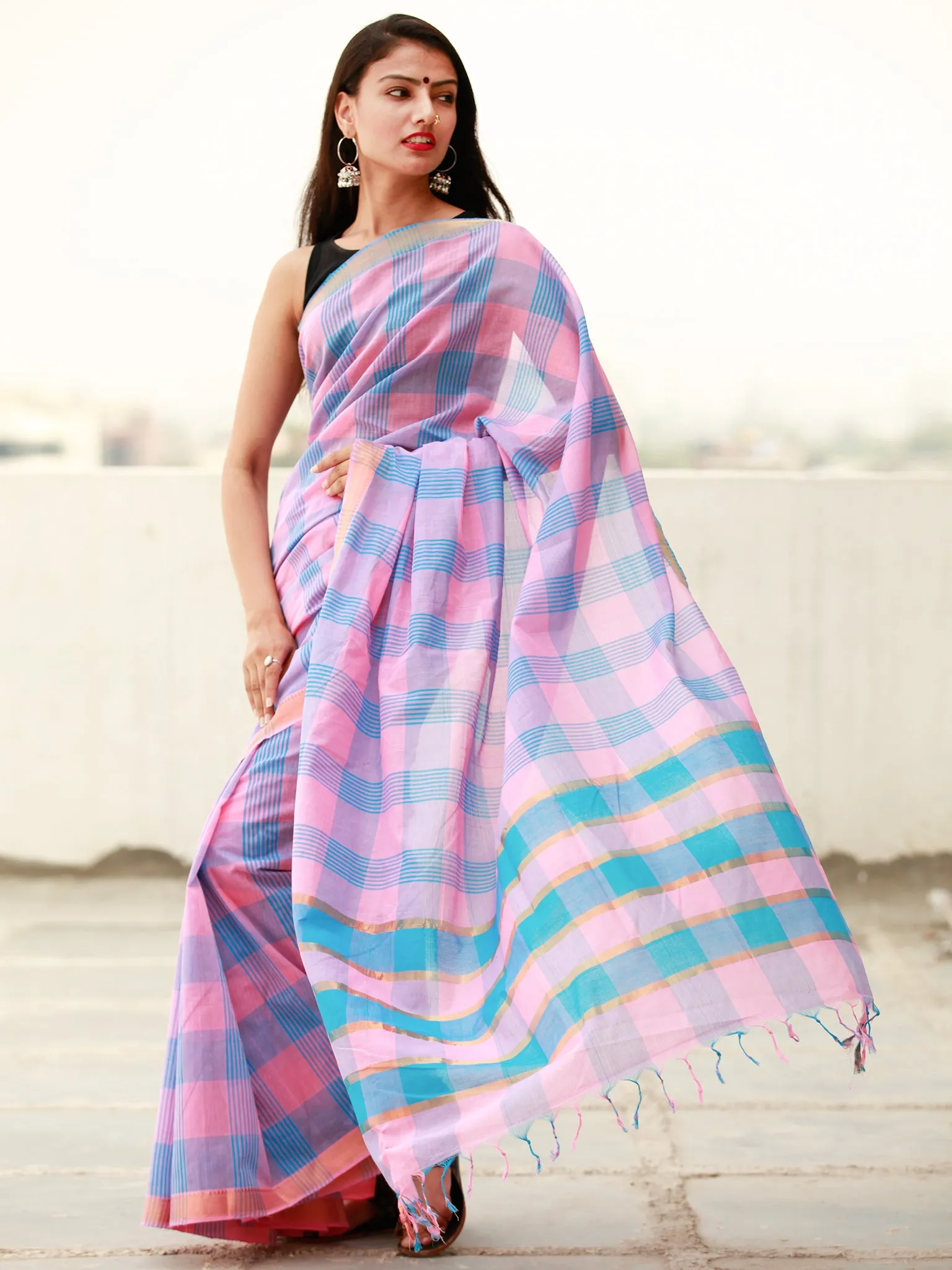 Pink Blue Handloom Mangalagiri Cotton Saree With Zari Border - S031703859