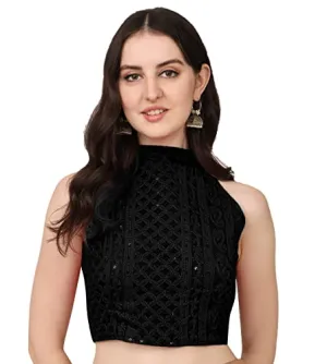 Pujia Mils Women's Halter Neck Chickenkari Work Readymade Saree Blouse (Halter Neck_Black_38)