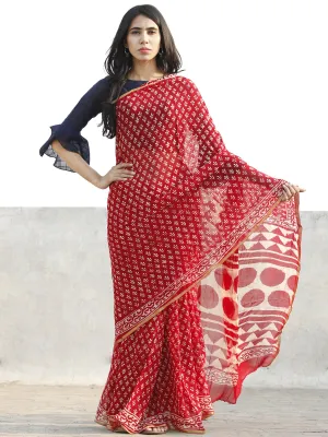 Red and White  Hand Block Printed Chiffon Saree with Zari border- S031702716