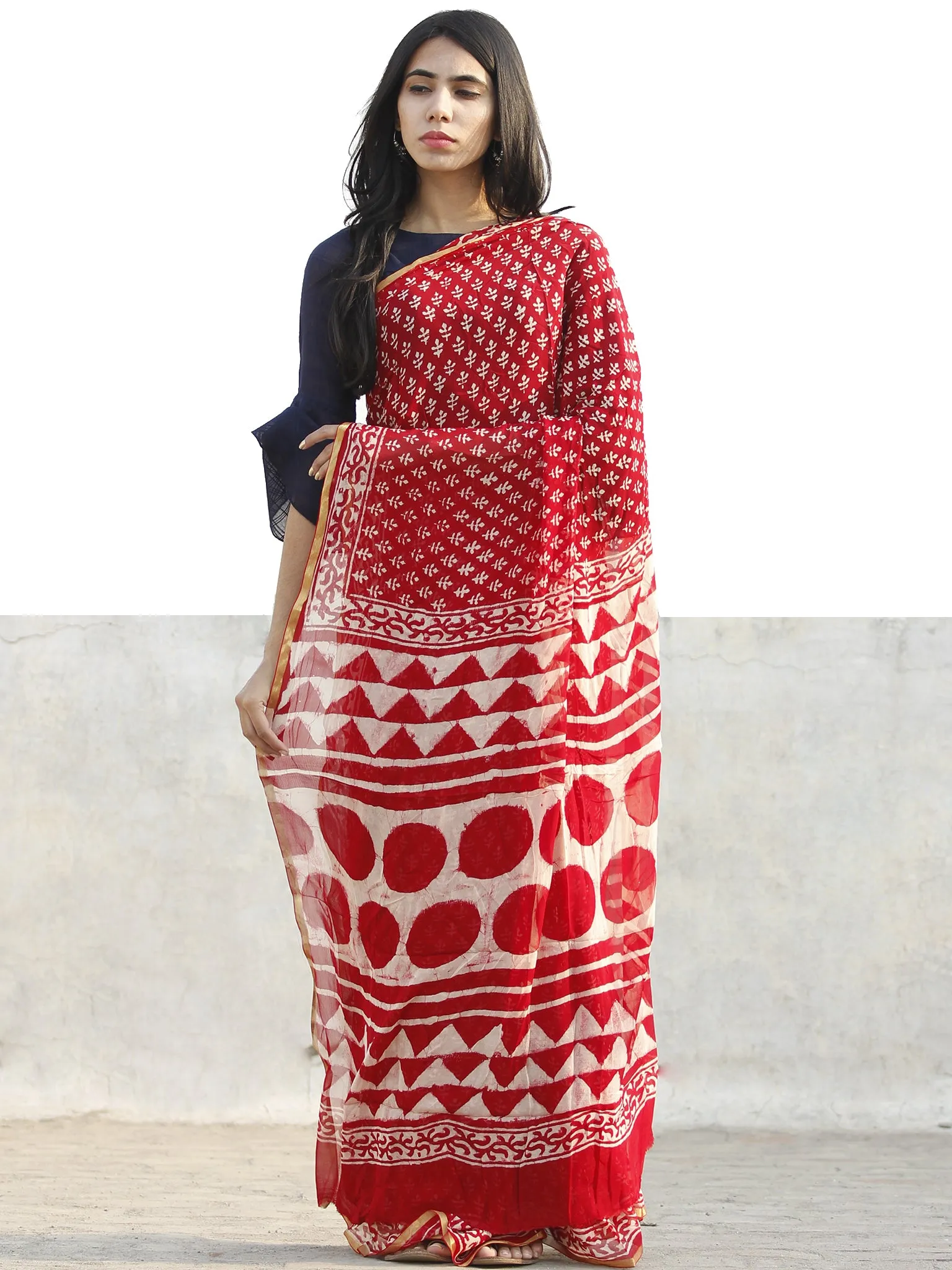 Red and White  Hand Block Printed Chiffon Saree with Zari border- S031702716