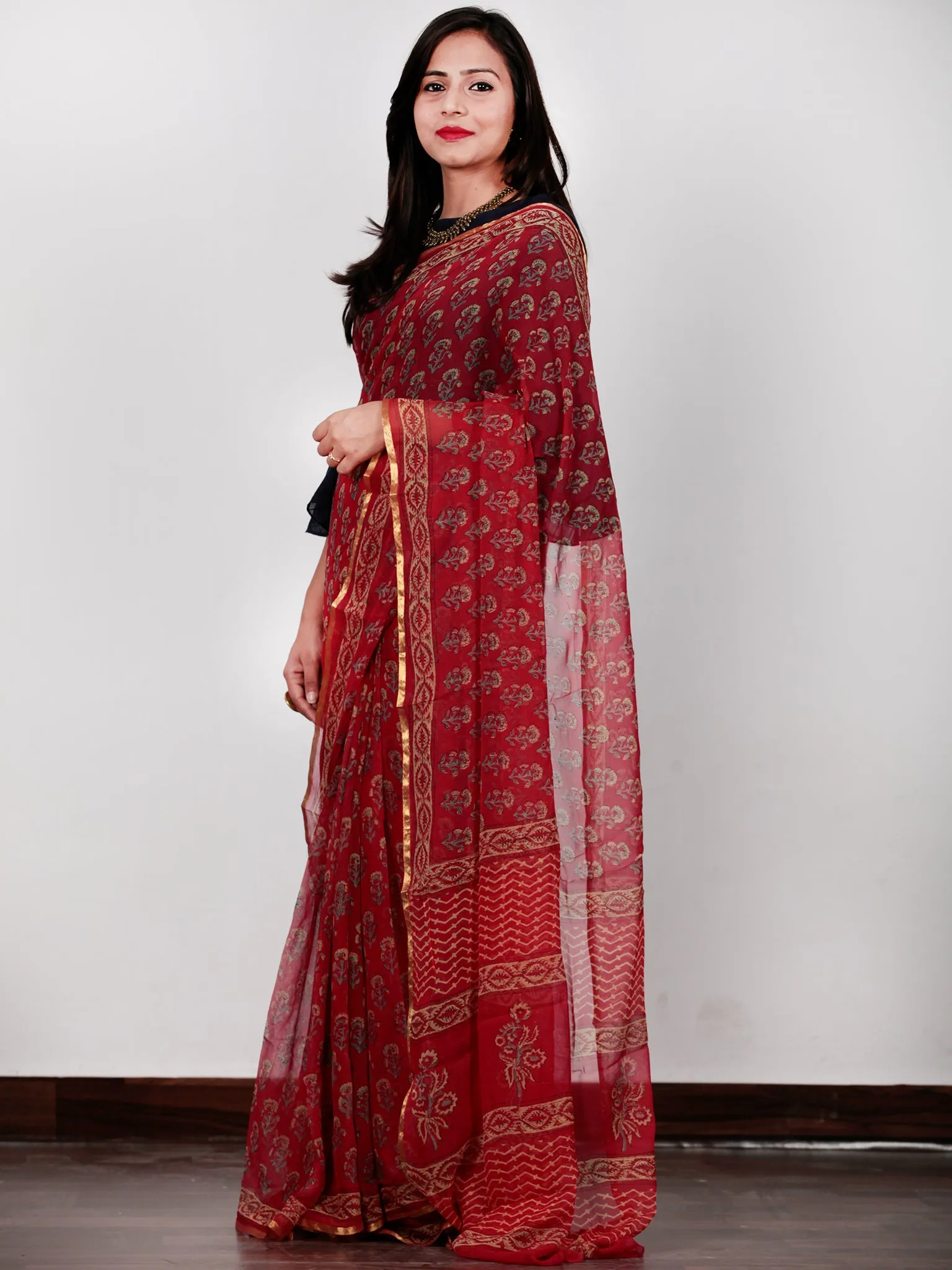 Red Green Yellow Hand Block Printed Chiffon Saree with Zari border- S031702730