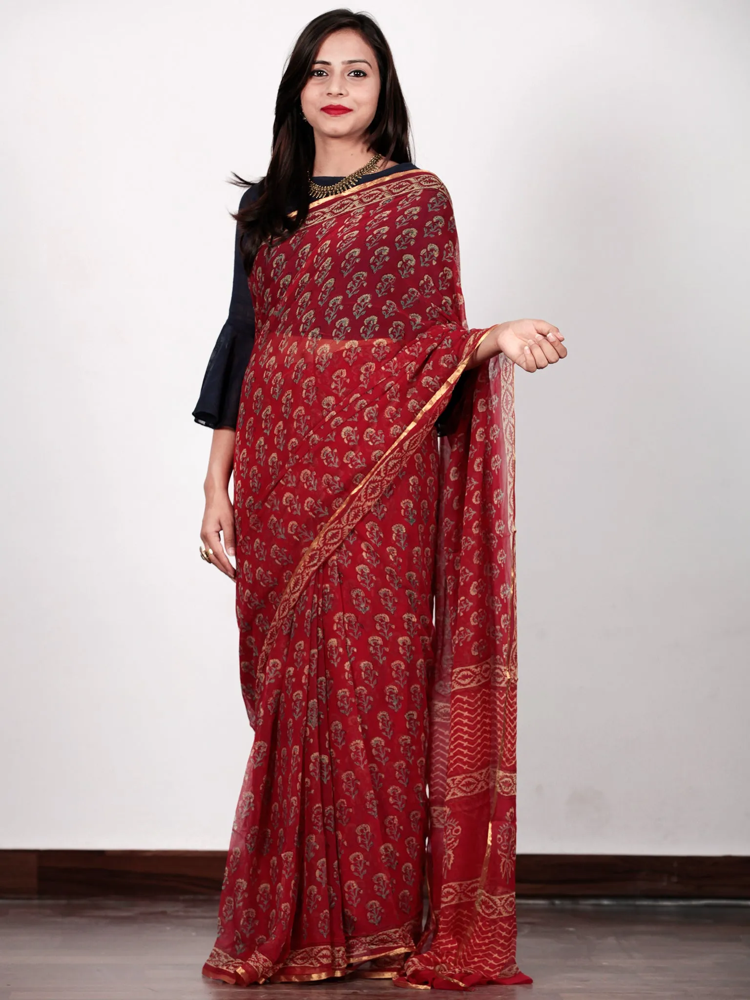 Red Green Yellow Hand Block Printed Chiffon Saree with Zari border- S031702730