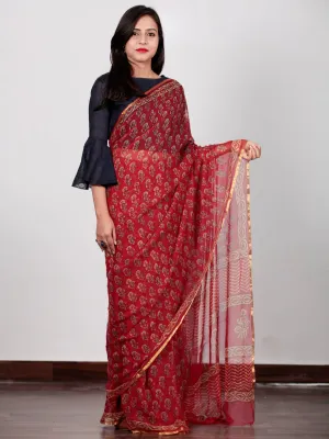 Red Green Yellow Hand Block Printed Chiffon Saree with Zari border- S031702730