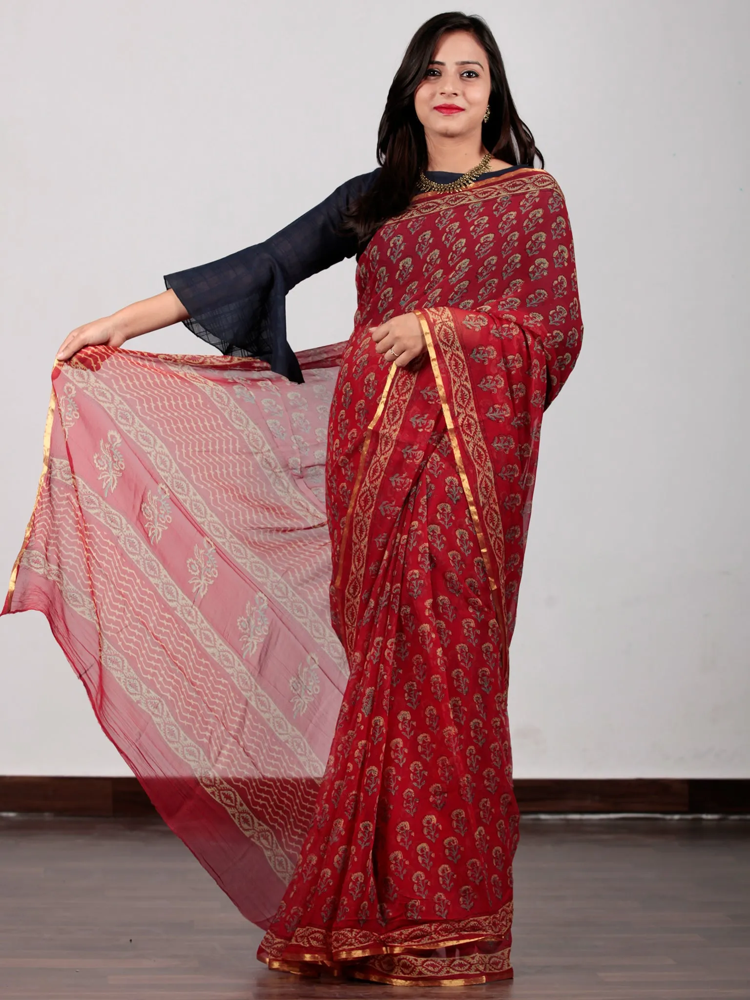 Red Green Yellow Hand Block Printed Chiffon Saree with Zari border- S031702730