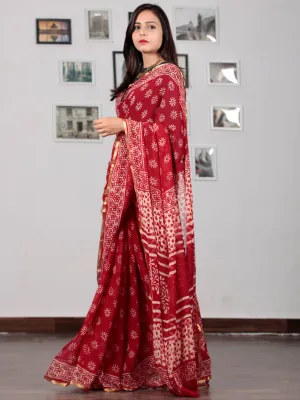 Red Ivory Hand Block Printed Chiffon Saree with Zari border - S031702733