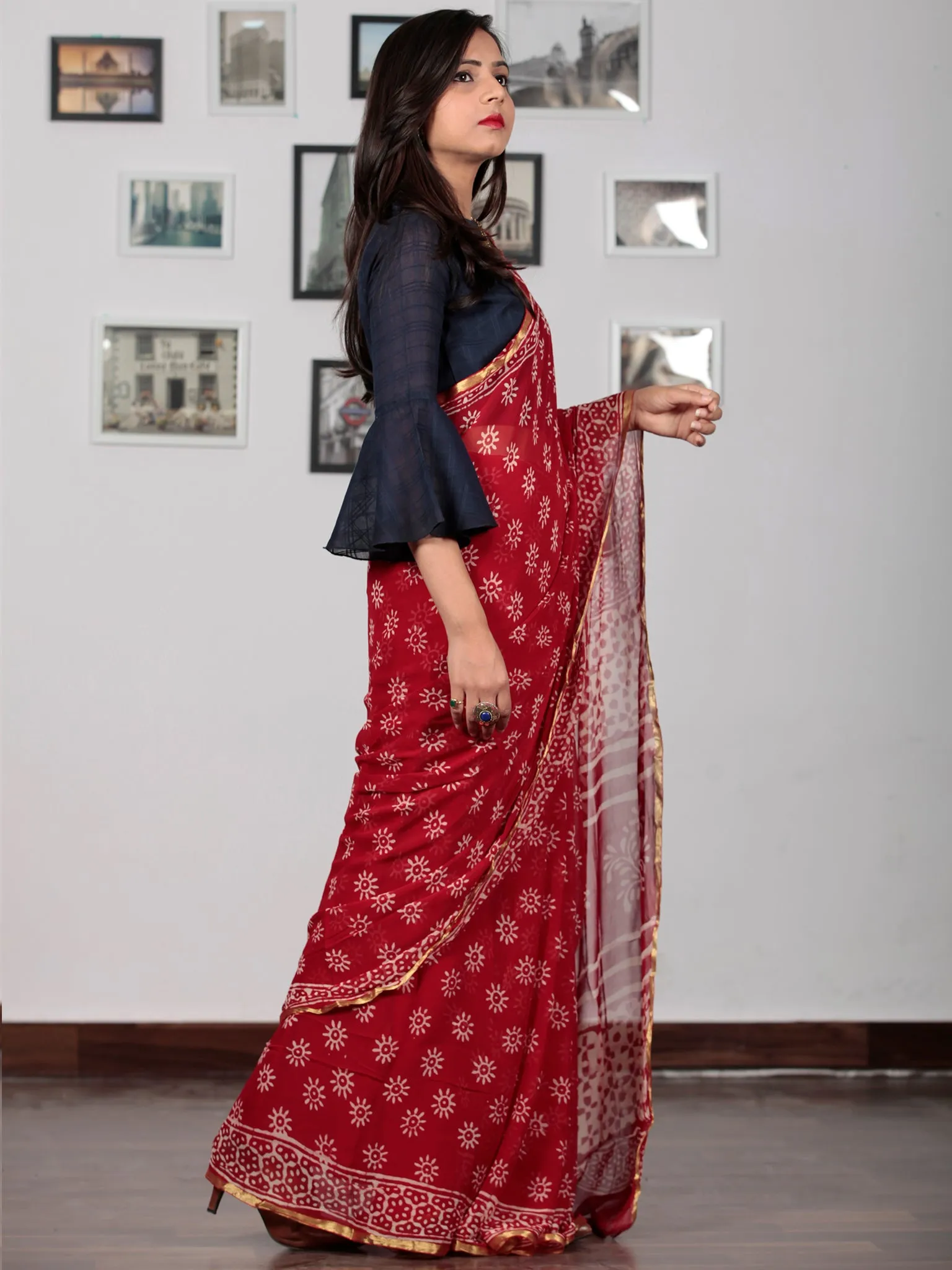 Red Ivory Hand Block Printed Chiffon Saree with Zari border - S031702733