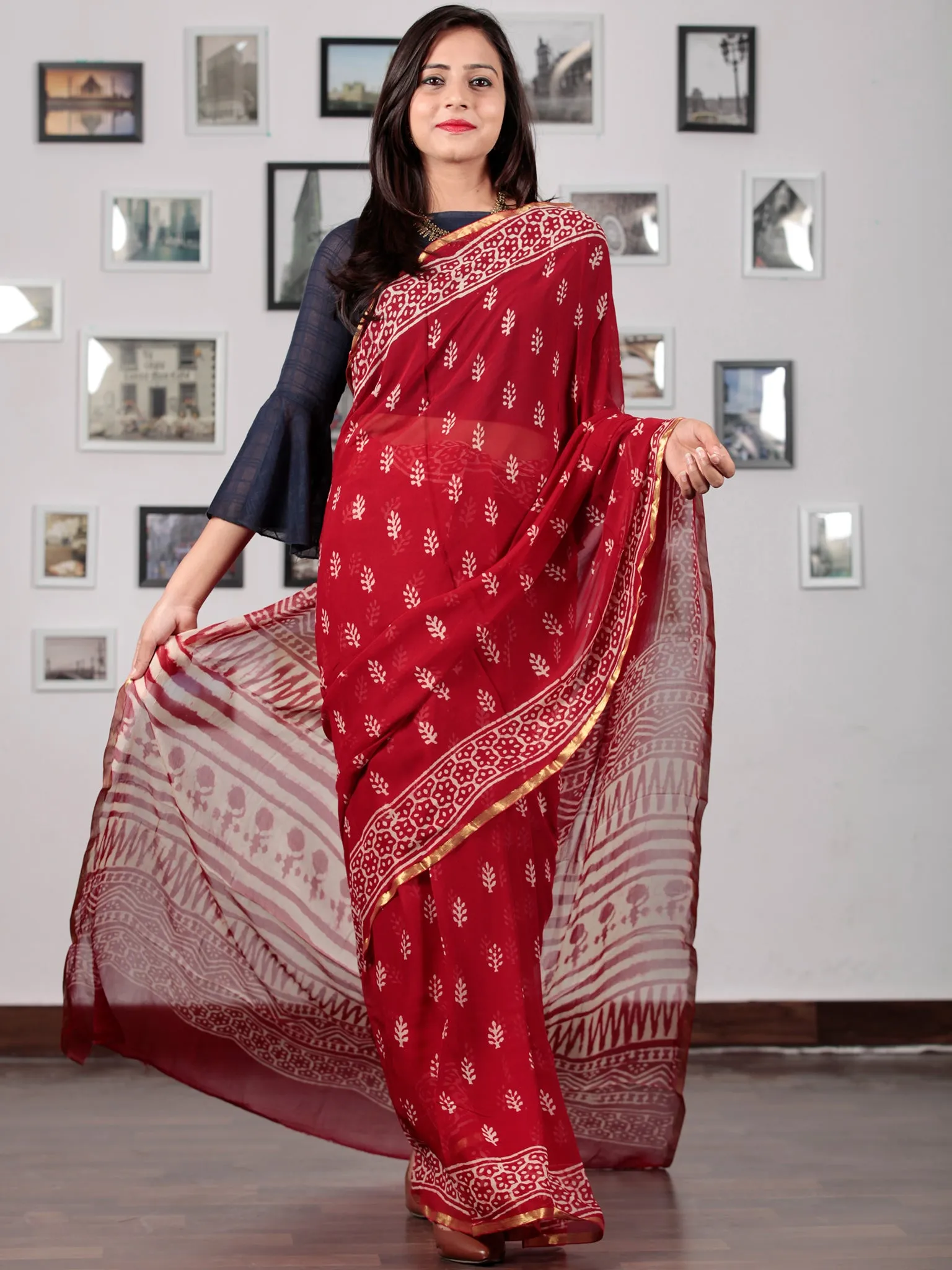 Red Ivory Hand Block Printed Chiffon Saree with Zari border - S031702735