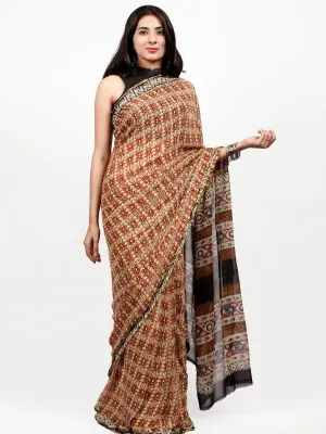 Rust Ivory Red Hand Block Printed Chiffon Saree with Zari Border - S031703252