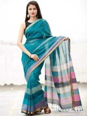 Teal Blue Green Handloom Mangalagiri Cotton Saree With Zari Border - S031704059