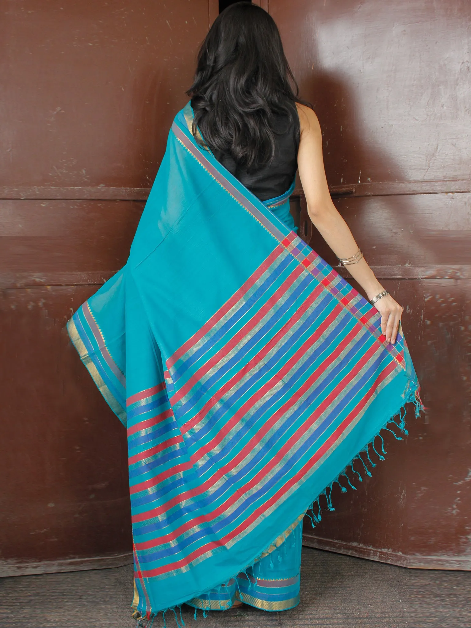 Turquoise Blue Maroon Handloom Mangalagiri Cotton Saree With Zari Border - S031703683