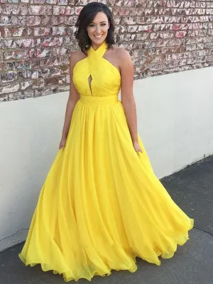 Unique A Line Halter Neck Backless Yellow Chiffon Long Prom, Halter Yellow Formal Graduation Evening